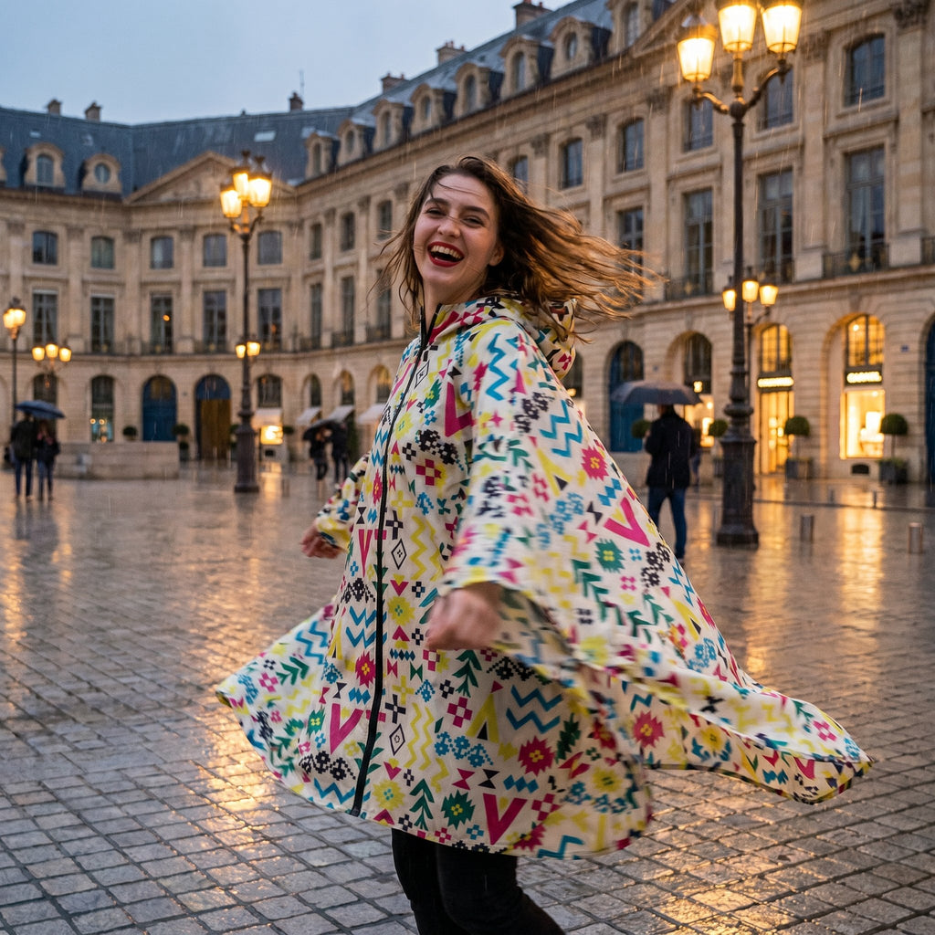 Poncho de pluie à capuche motifs multicolores, porté par une femme souriante tourbillonnant sur une place de ville mouillée.
