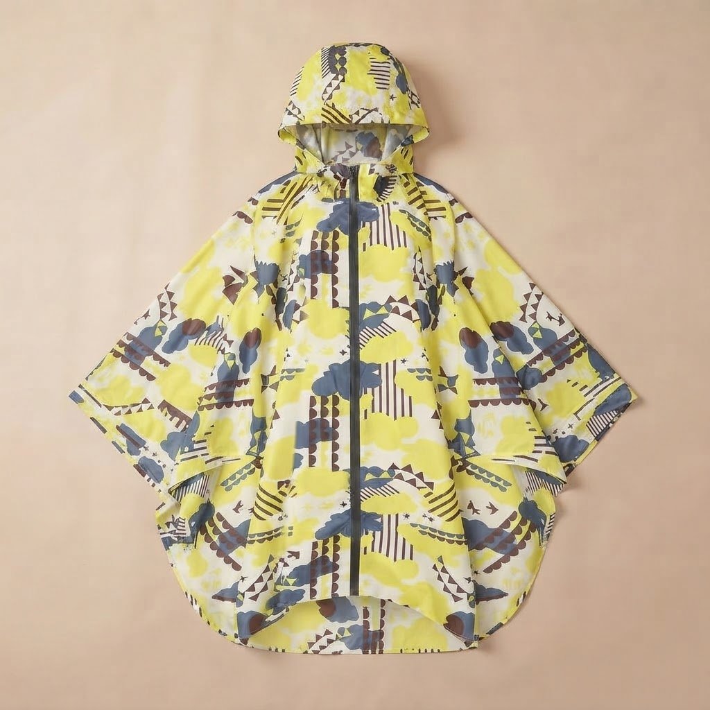 Poncho de pluie à capuche motif graphique jaune, posé à plat sur un fond uni beige.