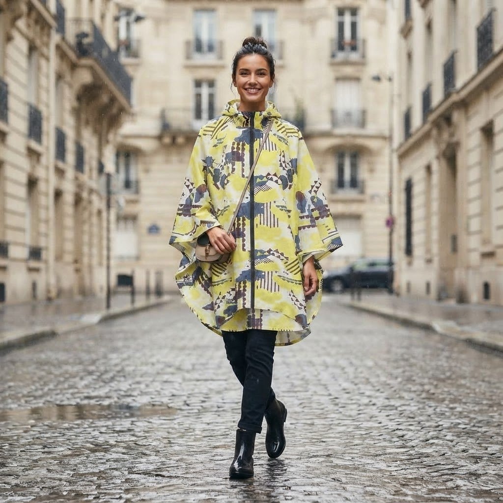Poncho de pluie à capuche motif graphique jaune, porté par une femme souriante marchant sur une rue pavée mouillée.