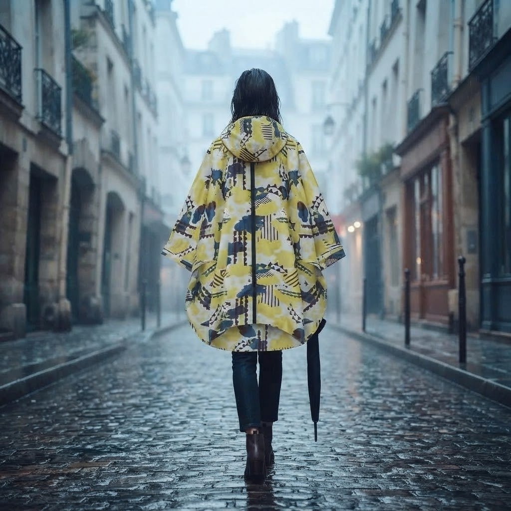 Poncho de pluie à capuche motif graphique jaune, vu de dos, porté par une femme marchant sous la pluie dans une ruelle.