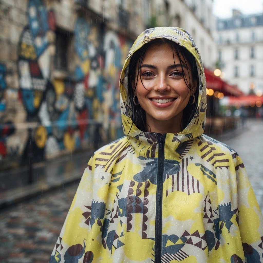 Poncho de pluie à capuche motif graphique jaune, porté par une femme souriante avec la capuche sur la tête, sous la pluie.