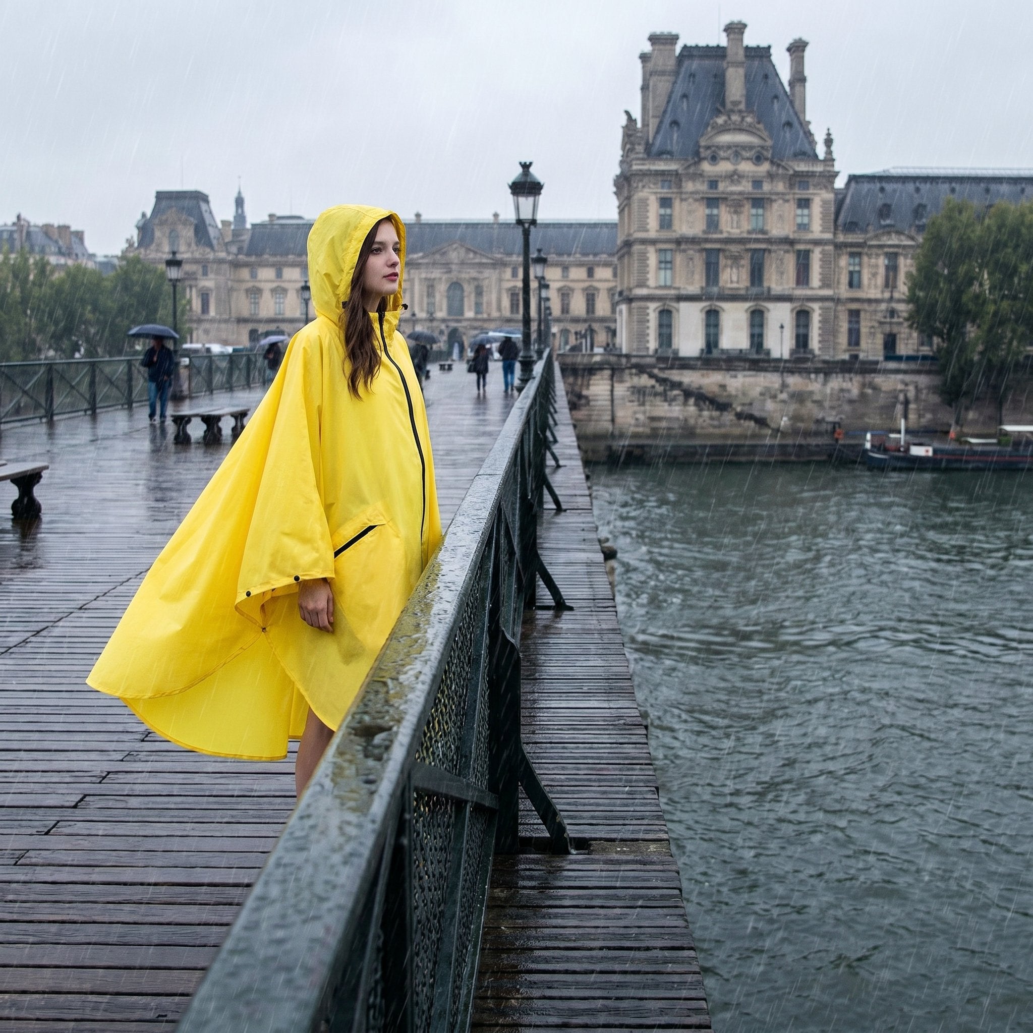 Poncho de pluie à capuche jaune uni, porté par une femme debout sur un pont en bois, regardant vers la droite.