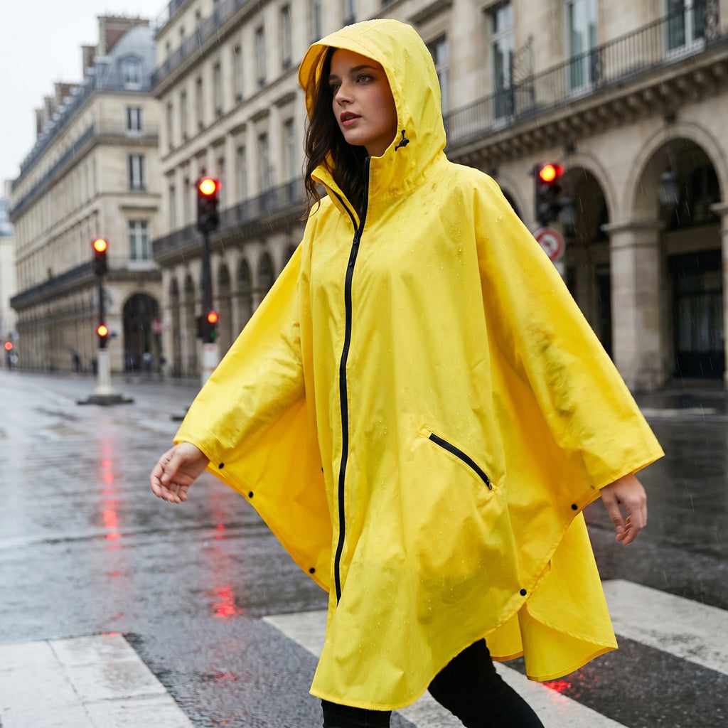 Poncho de pluie à capuche jaune uni, porté par une femme traversant une rue mouillée avec des feux de circulation.