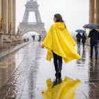 Poncho de pluie à capuche jaune uni, porté par une femme marchant de dos sur une allée mouillée, vue de loin.