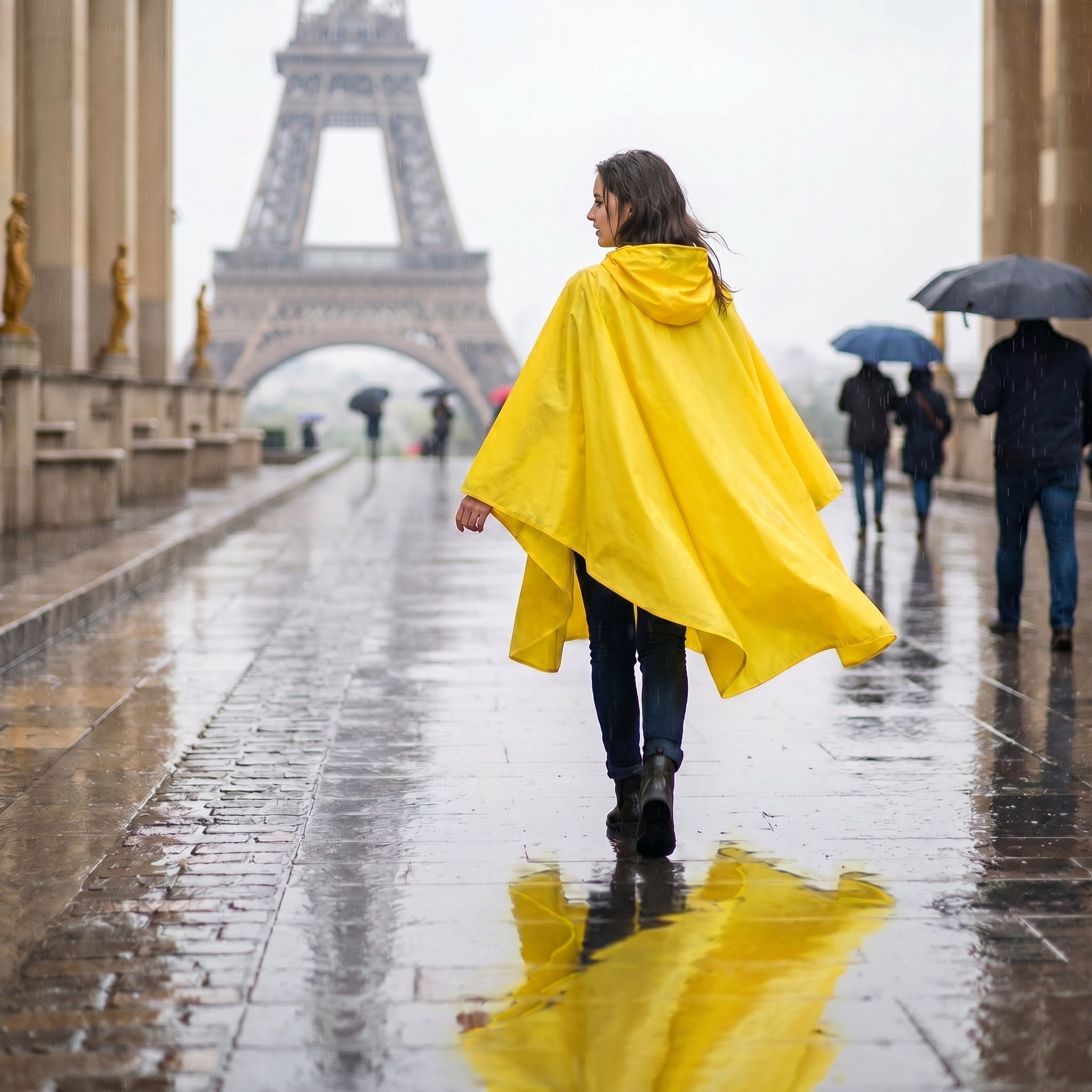Poncho de pluie à capuche jaune uni, porté par une femme marchant de dos sur une allée mouillée, vue de loin.