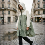 Poncho de pluie à capuche kaki et crème, porté par un modèle marchant sur une rue pavée mouillée.