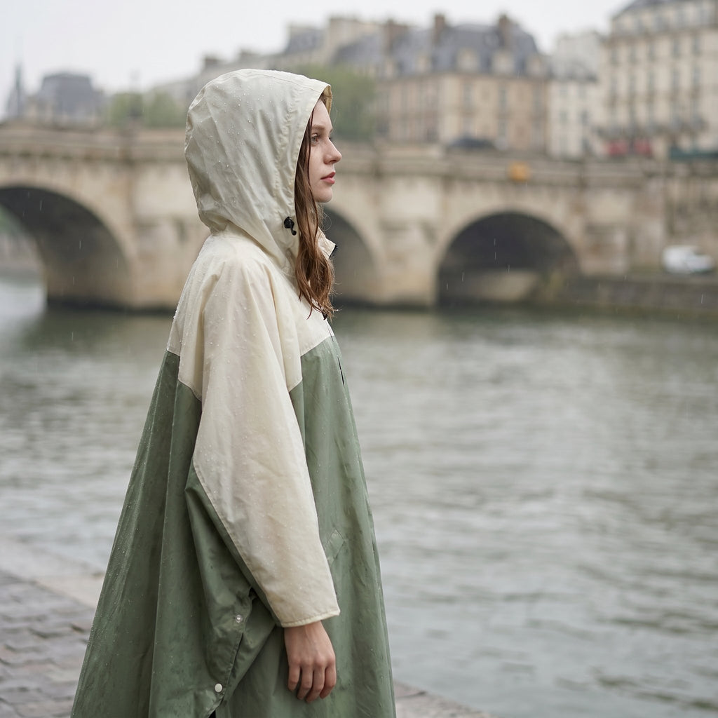 Poncho de pluie à capuche kaki et crème, porté par un modèle de profil près d'une rivière avec un pont en arrière-plan.