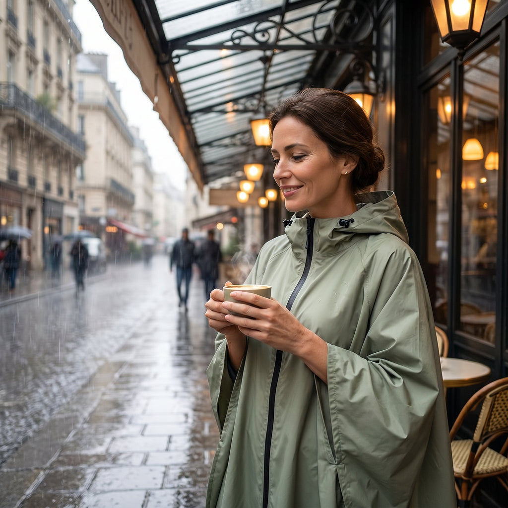 Poncho de pluie à capuche kaki uni, porté par une femme souriante tenant une tasse sous la pluie.