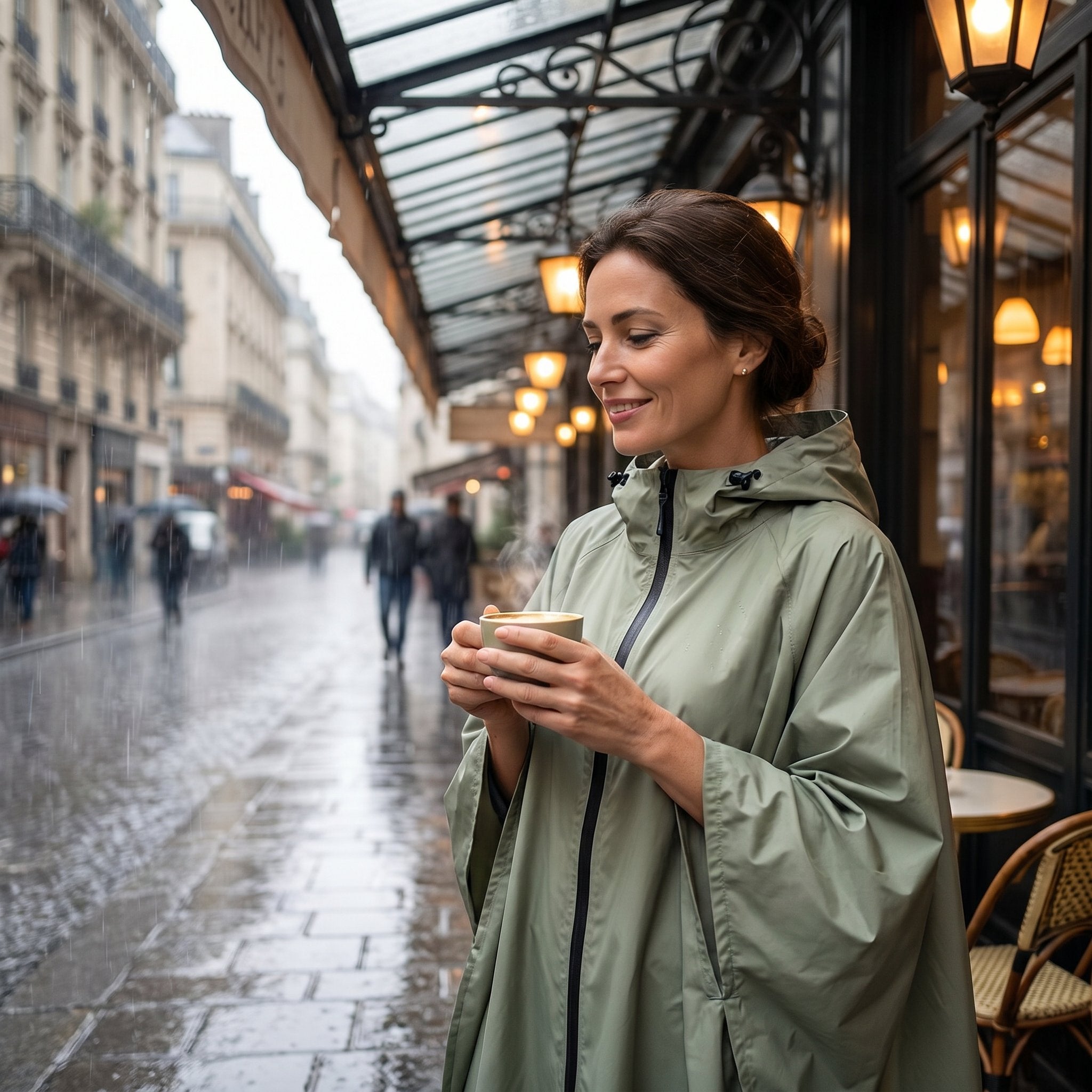 Poncho de pluie à capuche kaki uni, porté par une femme souriante tenant une tasse sous la pluie.