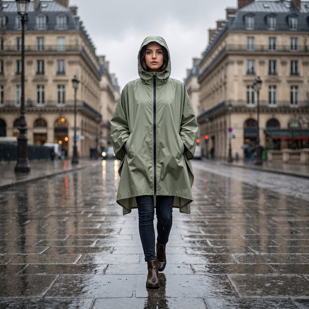 Poncho de pluie à capuche kaki uni, porté par une femme marchant de face sur une rue mouillée.