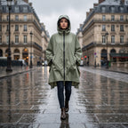 Poncho de pluie à capuche kaki uni, porté par une femme marchant de face sur une rue mouillée.
