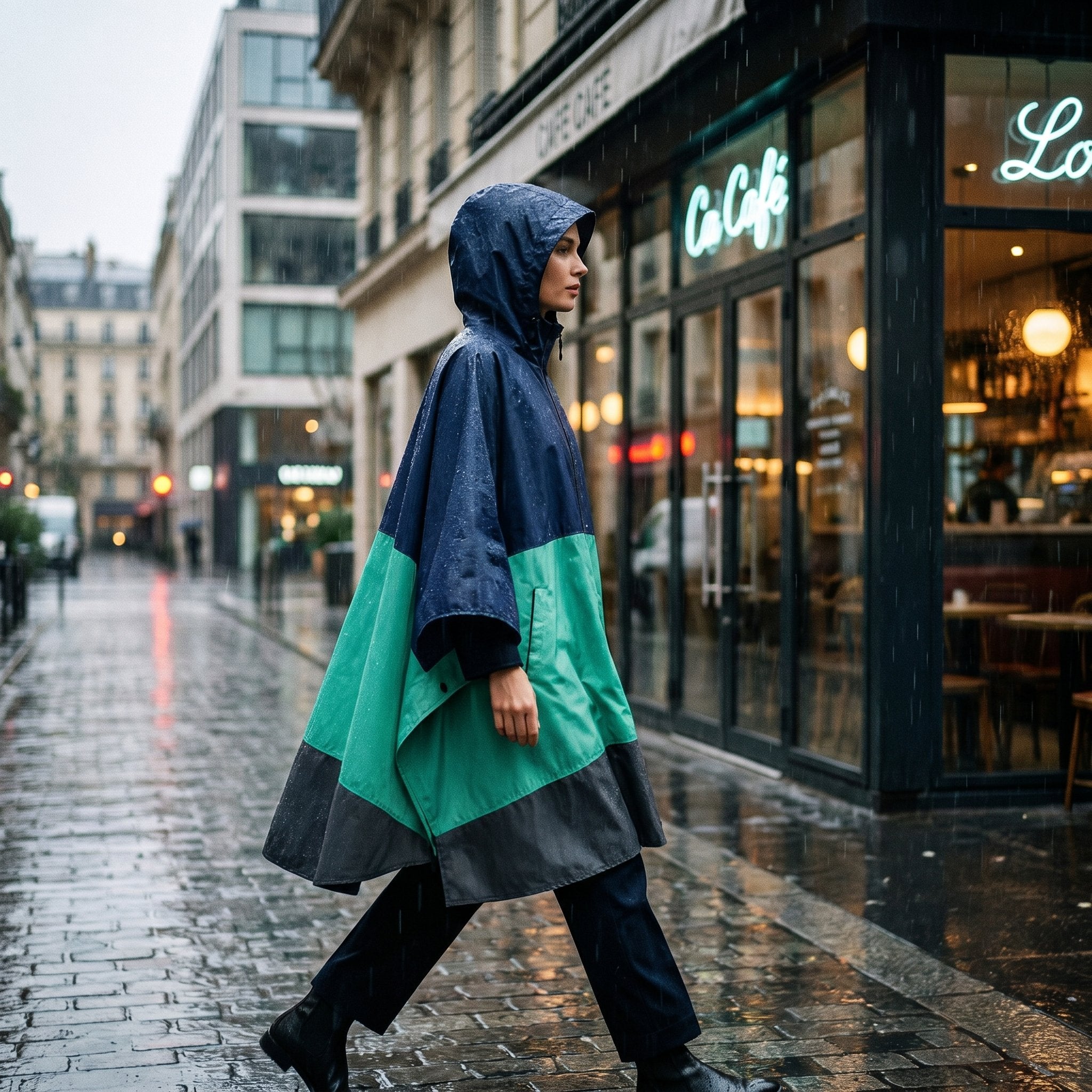 Poncho de pluie à capuche marine et menthe porté par une femme marchant de profil sous la pluie devant un café.