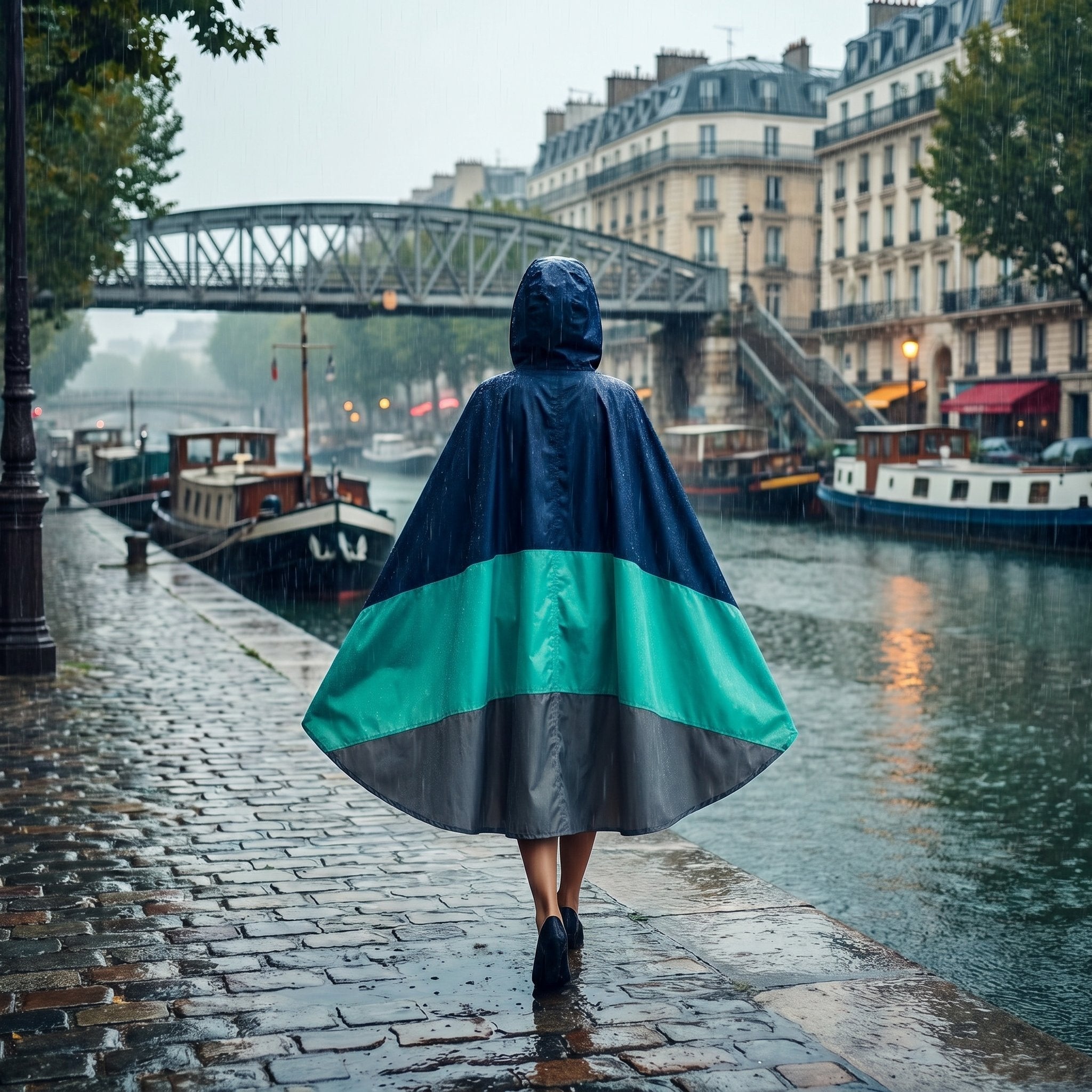 Poncho de pluie à capuche marine et menthe vu de dos sur une personne marchant le long d'un canal pluvieux avec des bateaux.