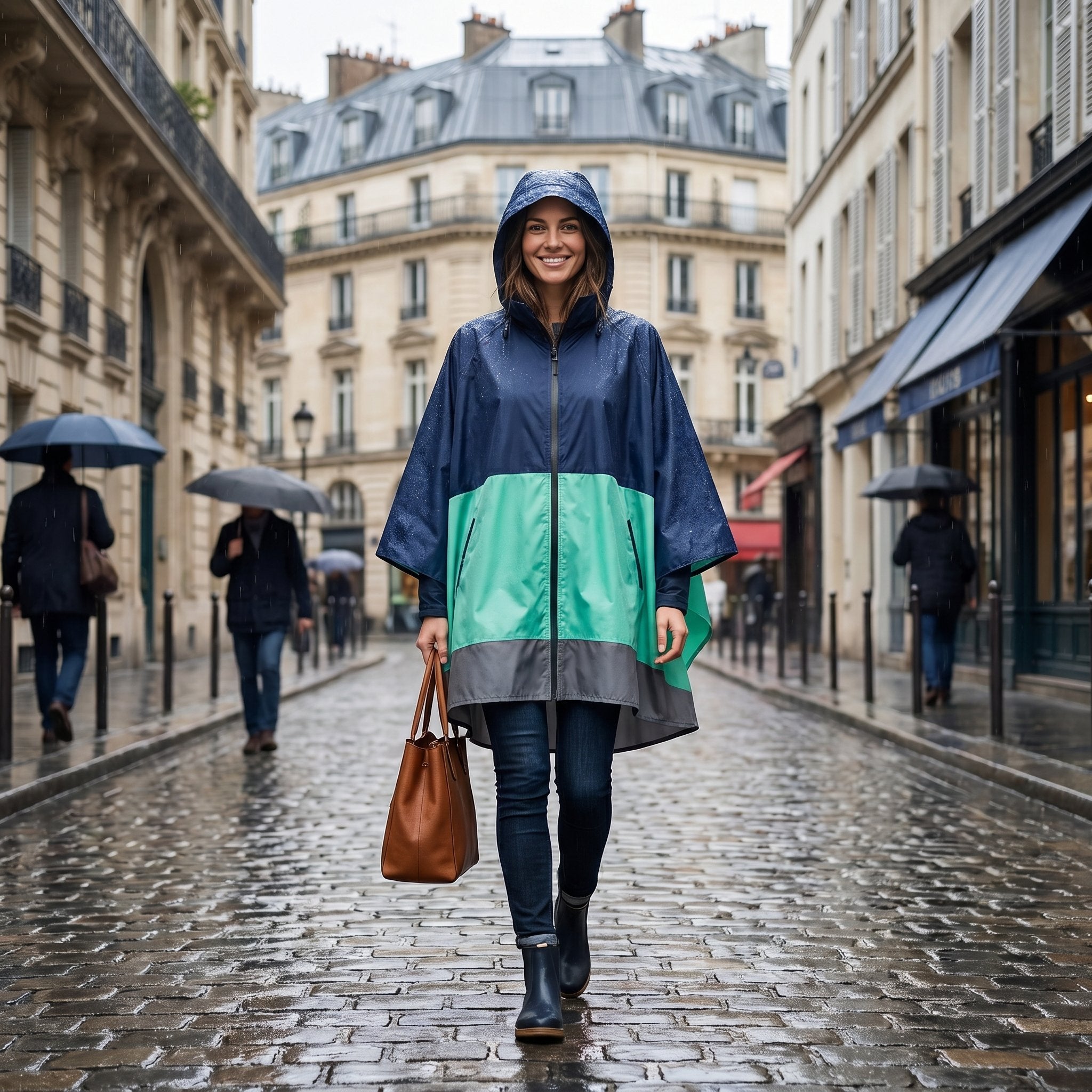 Poncho de pluie à capuche marine et menthe porté par une femme souriante marchant de face sur une rue pavée mouillée.