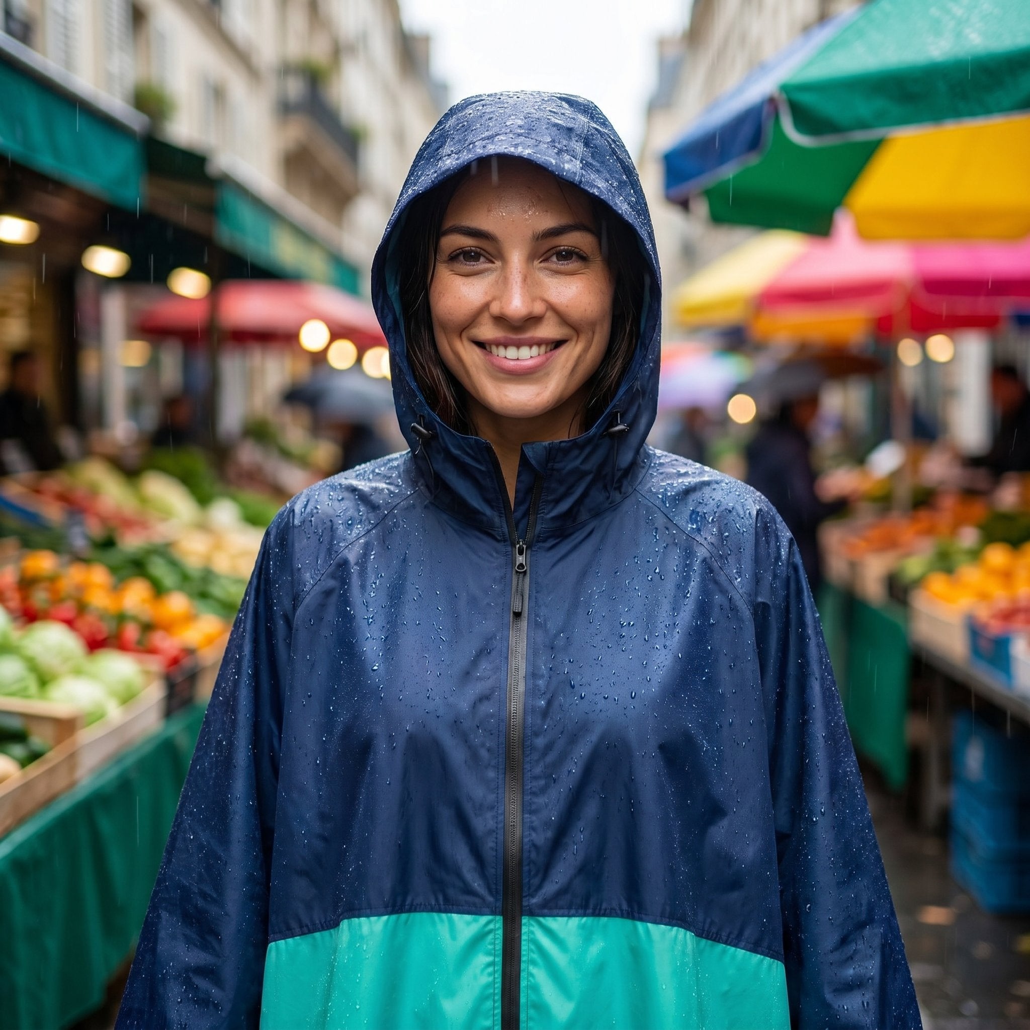 Poncho de pluie à capuche marine et menthe porté par une femme souriante en gros plan sous la pluie dans un marché.