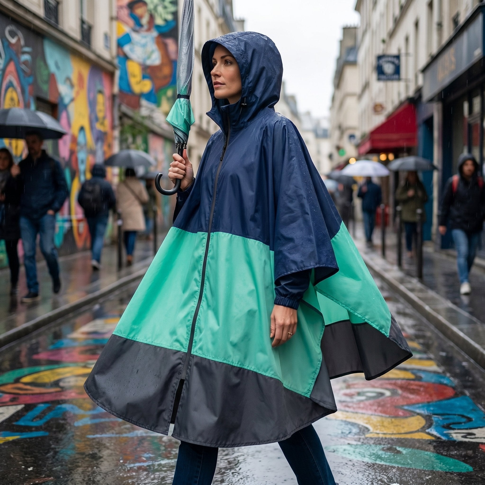 Poncho de pluie à capuche marine et menthe porté par une femme tenant un parapluie sur une rue colorée et mouillée.
