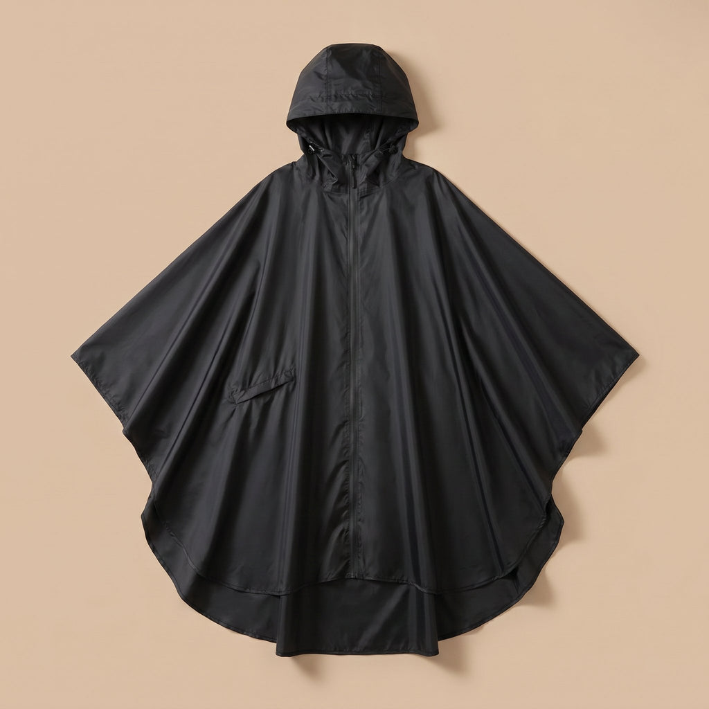 Poncho de pluie à capuche noir uni, présenté à plat sur un fond beige clair.