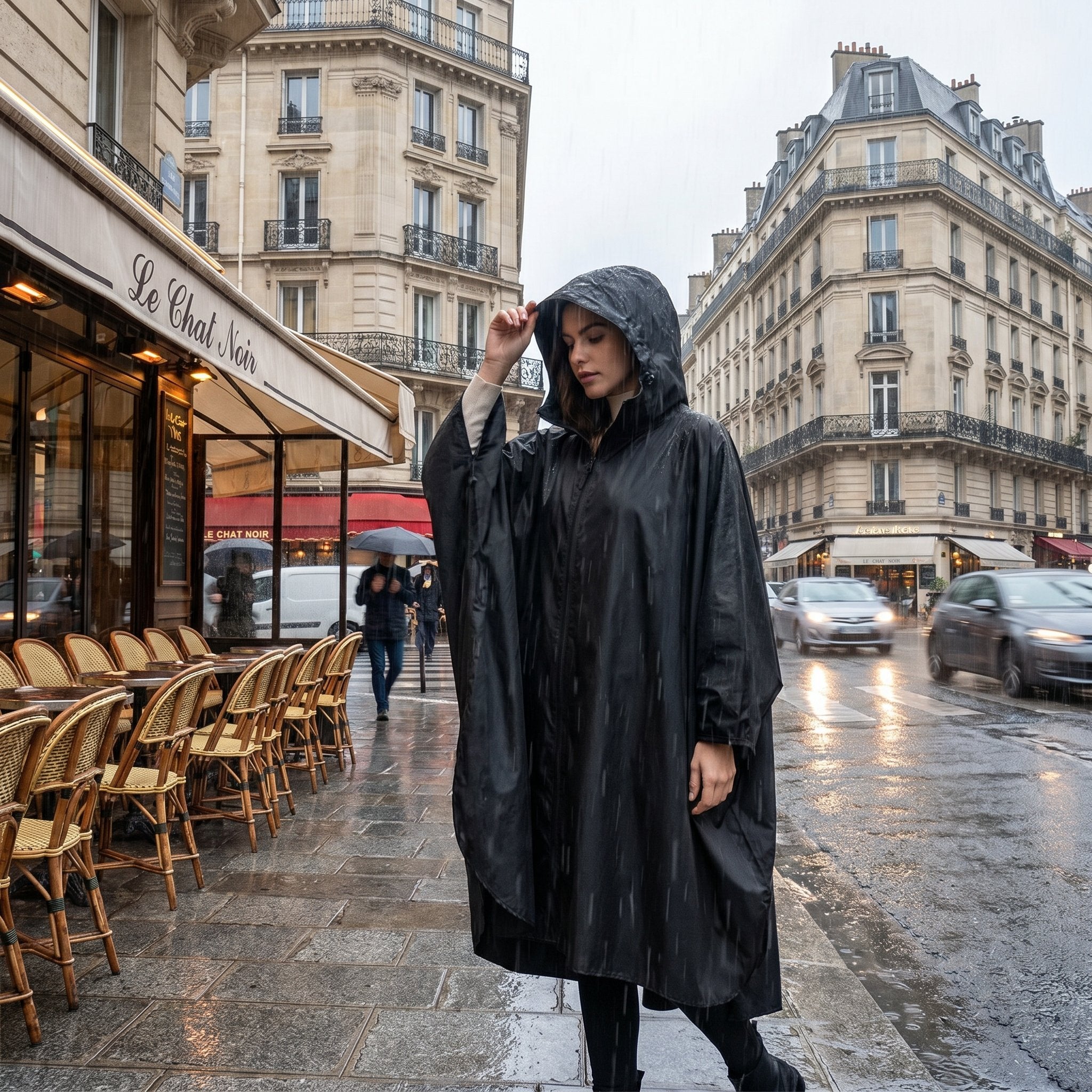 Poncho de pluie à capuche noir uni, porté par une femme ajustant sa capuche en ville.