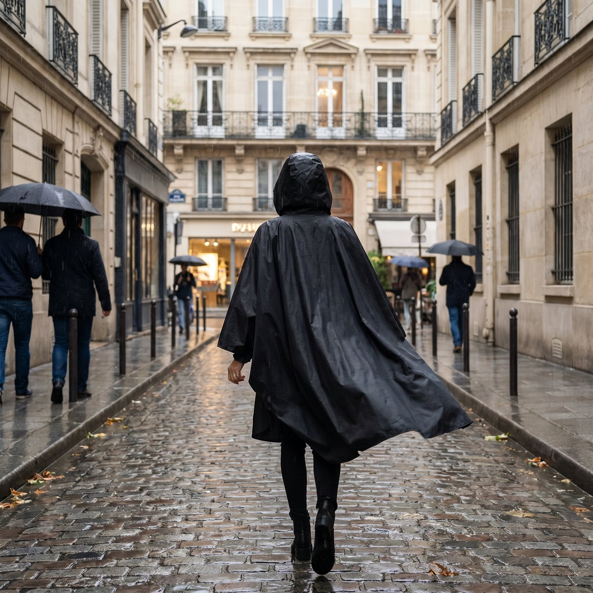 Poncho de pluie à capuche noir uni, porté de dos par une femme marchant sur une rue pavée.