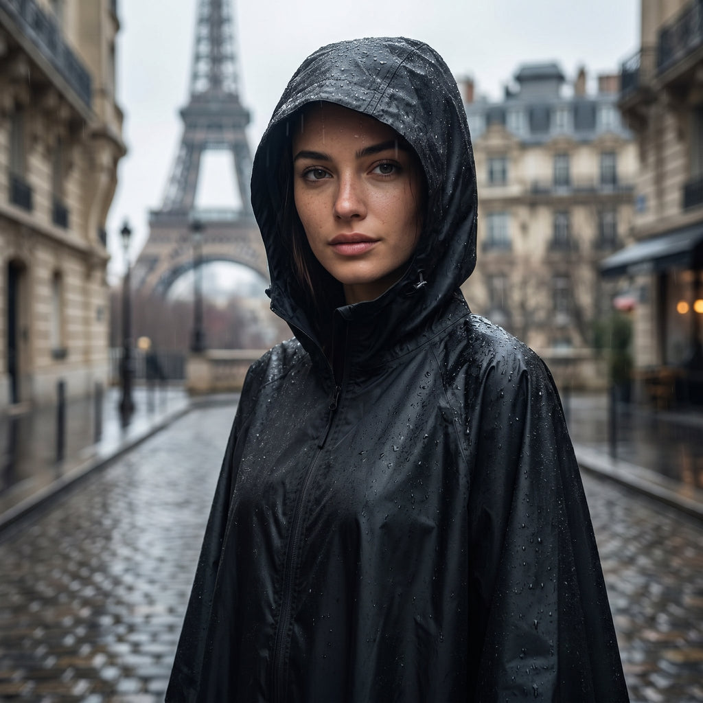 Poncho de pluie à capuche noir uni, porté en gros plan par une femme au visage mouillé.