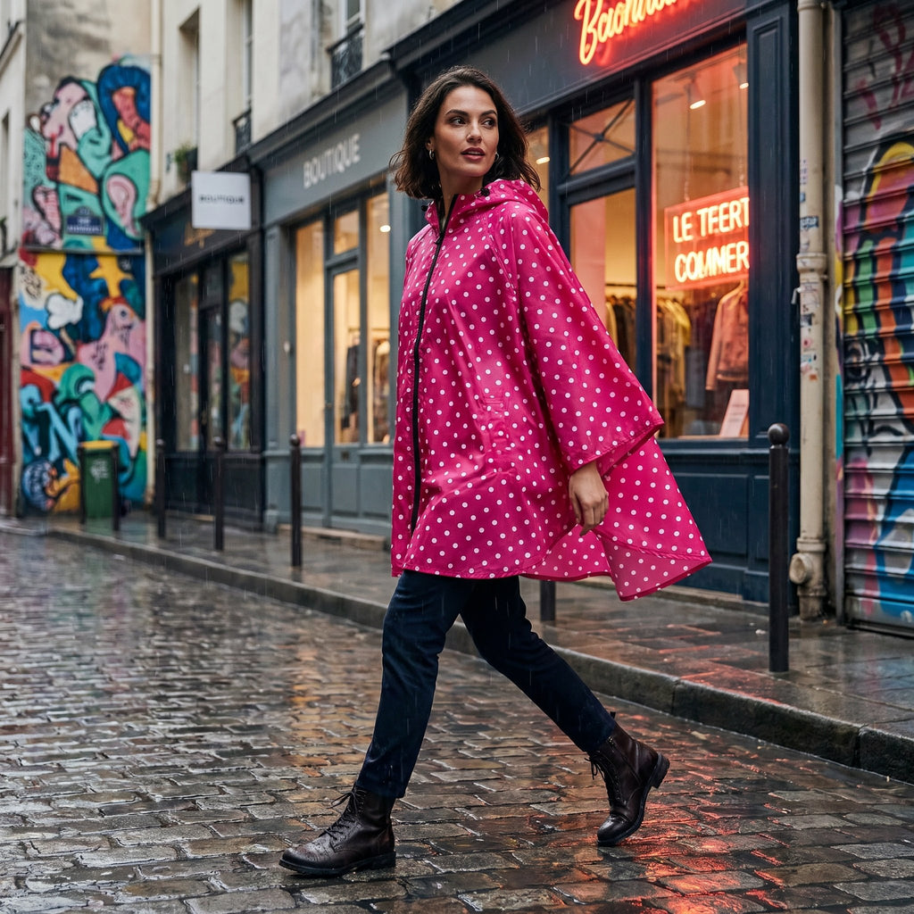 Poncho de pluie à capuche pois fuchsia, porté par une femme marchant dans une rue mouillée.