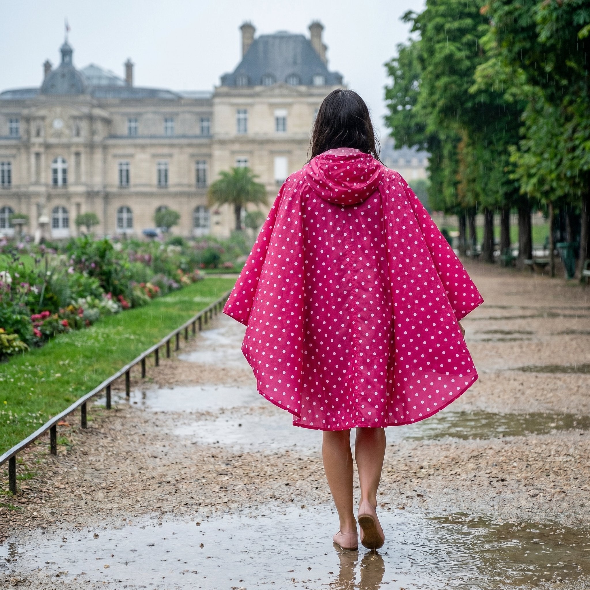 Poncho de pluie à capuche pois fuchsia, vu de dos, porté par une personne marchant pieds nus sous la pluie.
