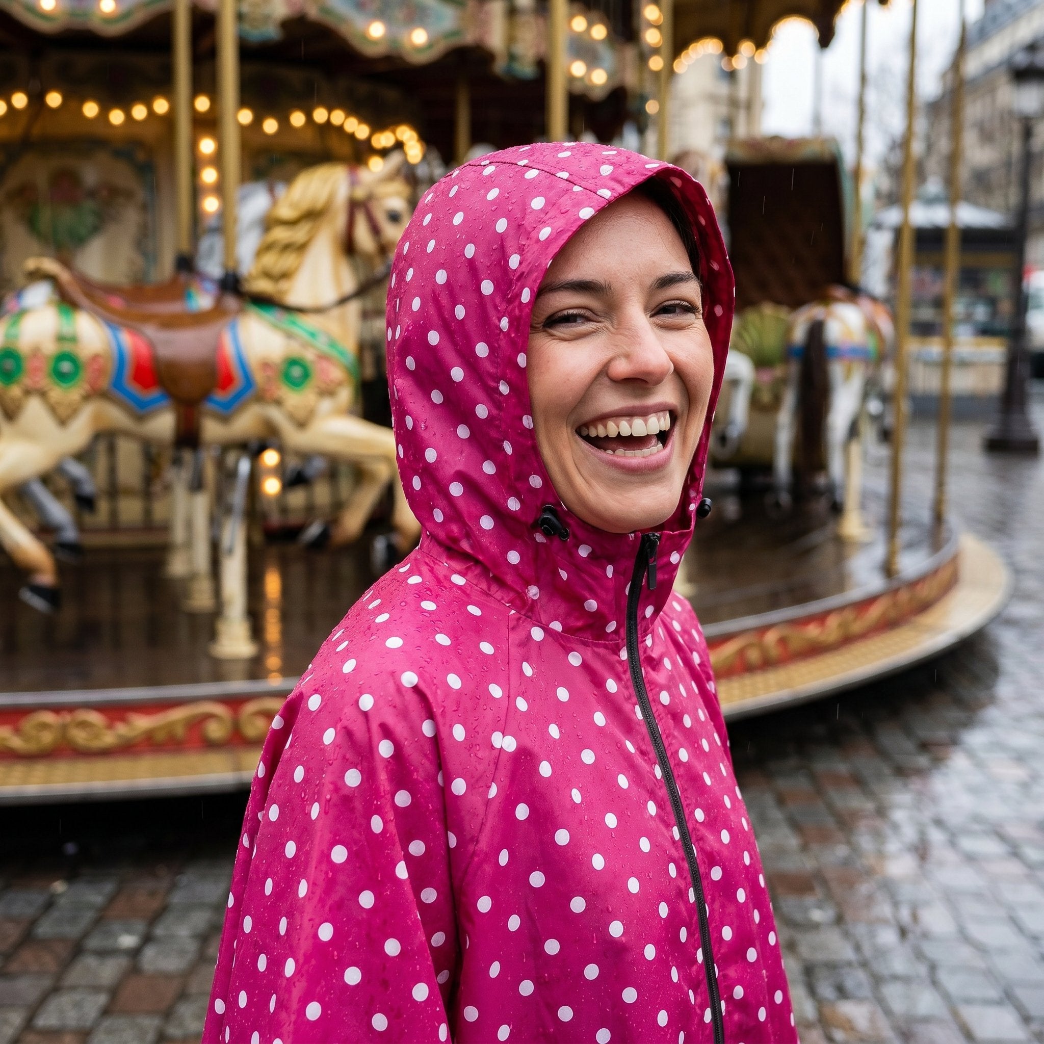 Poncho de pluie à capuche pois fuchsia, porté par une femme souriante, avec un manège en arrière-plan.