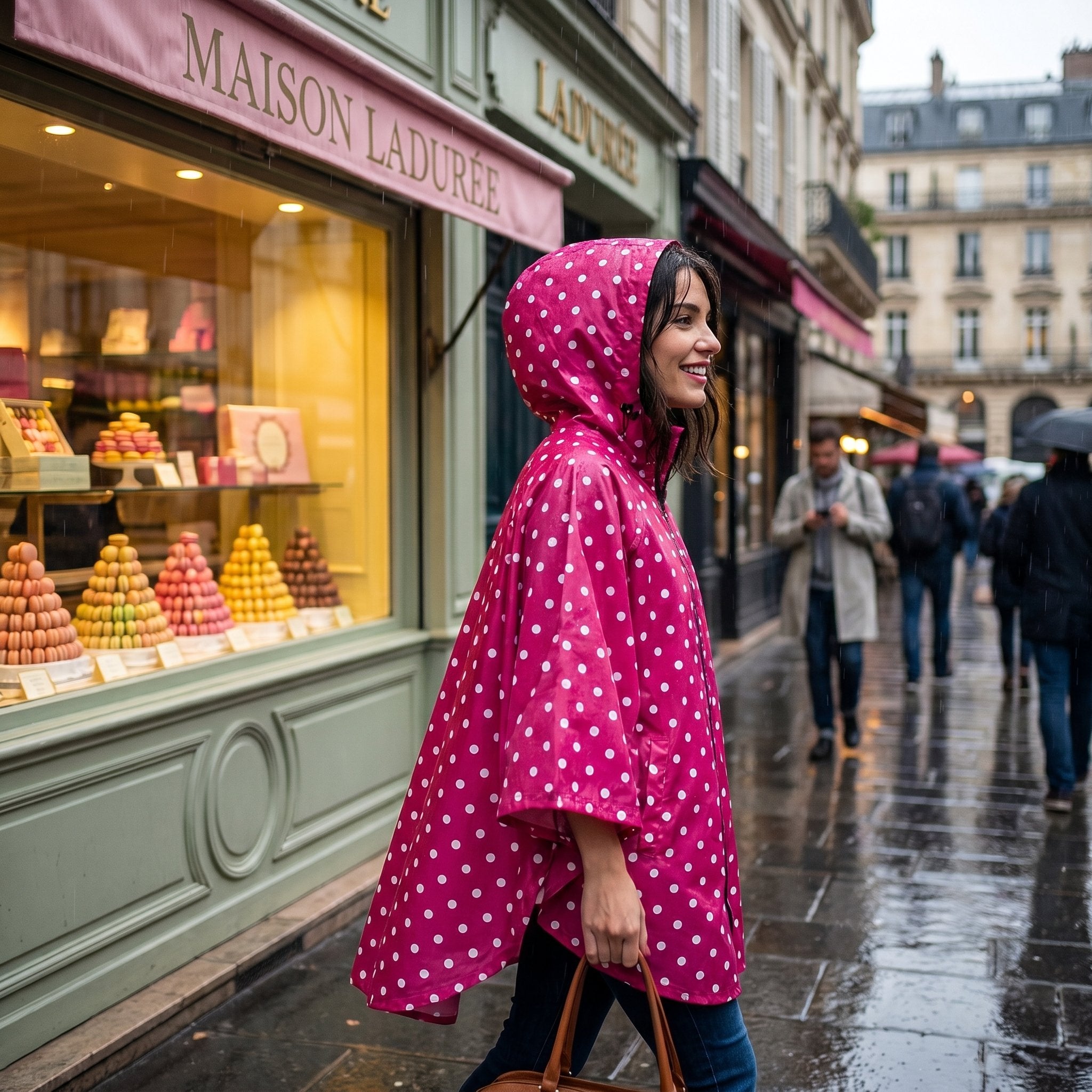 Poncho de pluie à capuche pois fuchsia, porté de profil par une femme marchant devant une vitrine de pâtisserie.
