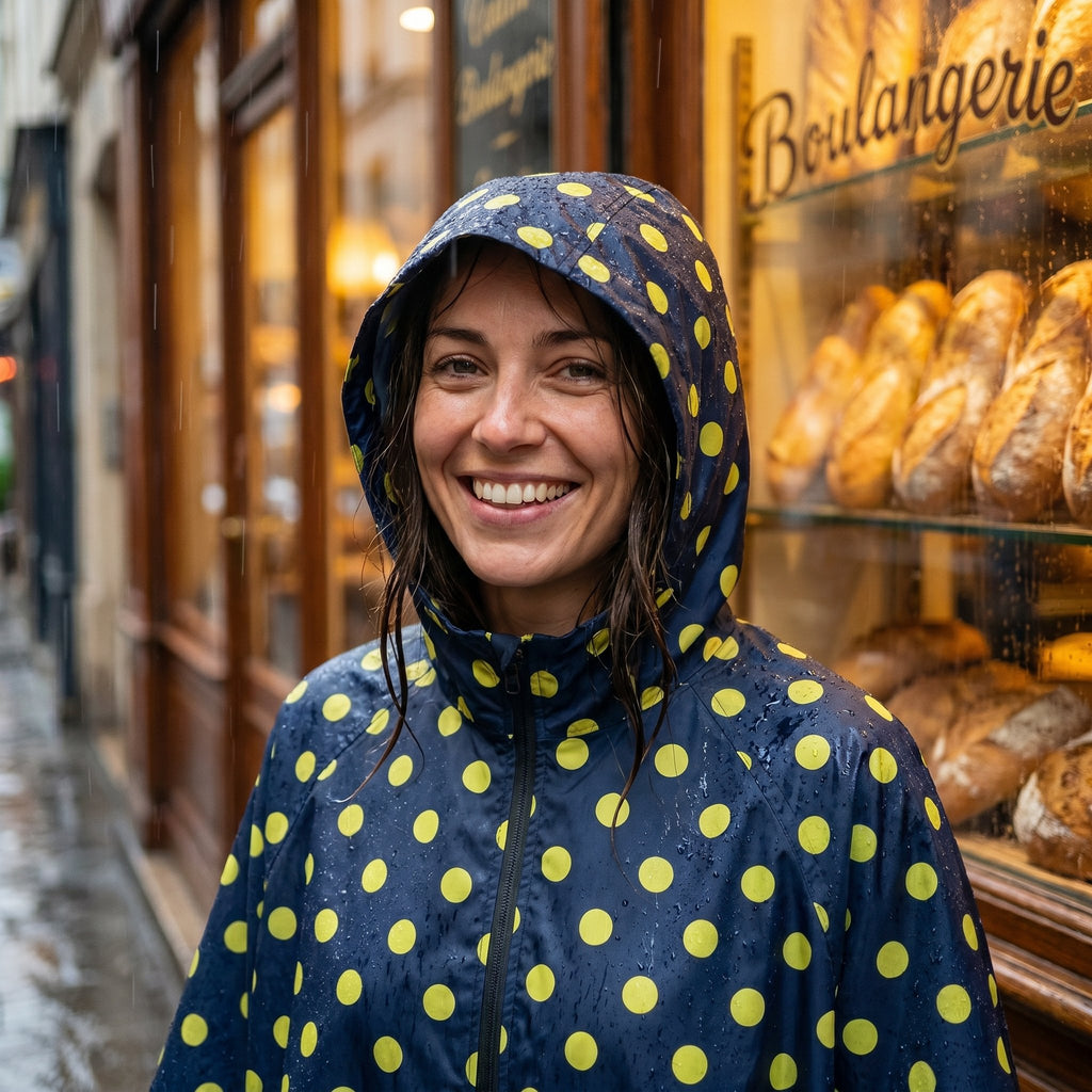 Poncho de pluie à capuche motif Pois jaunes, porté par une femme souriante devant une vitrine de boulangerie.