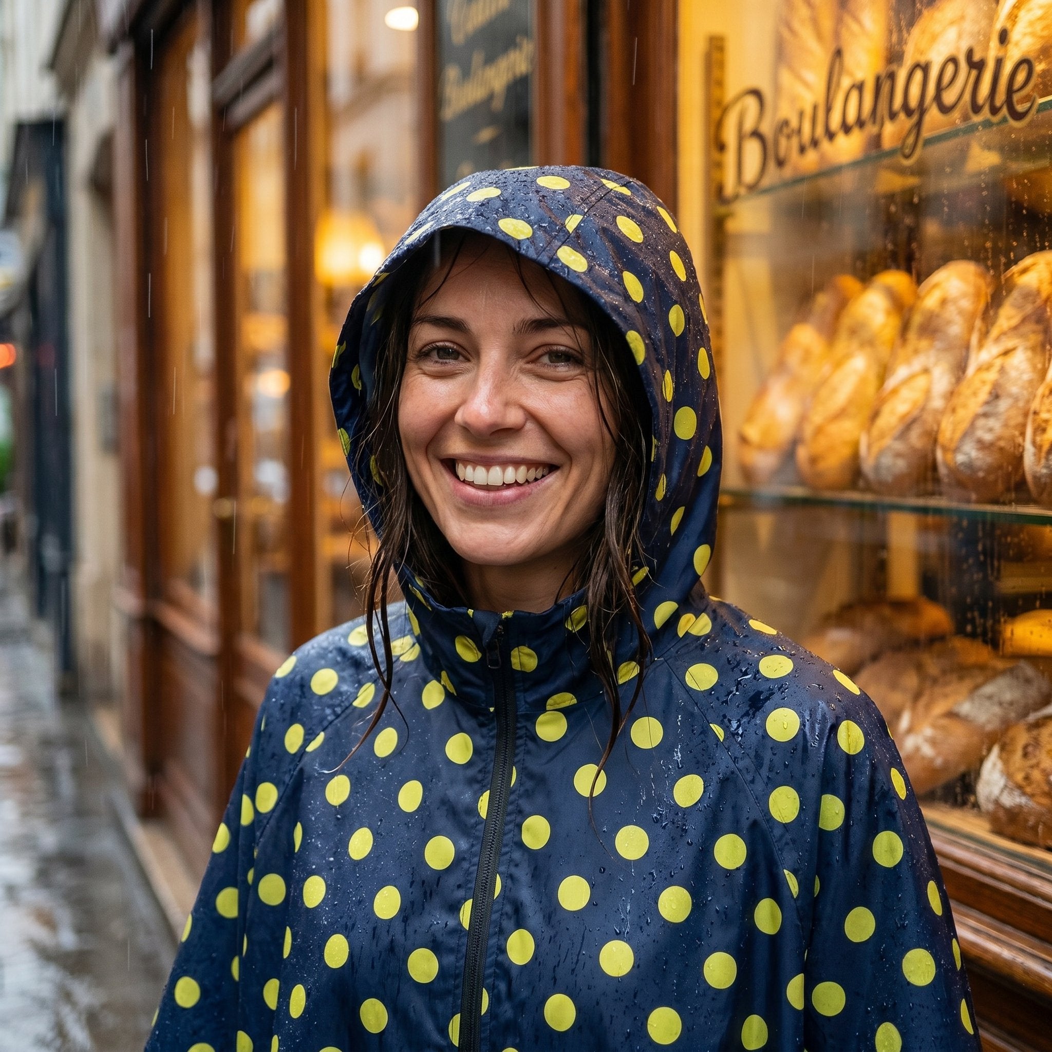 Poncho de pluie à capuche motif Pois jaunes, porté par une femme souriante devant une vitrine de boulangerie.