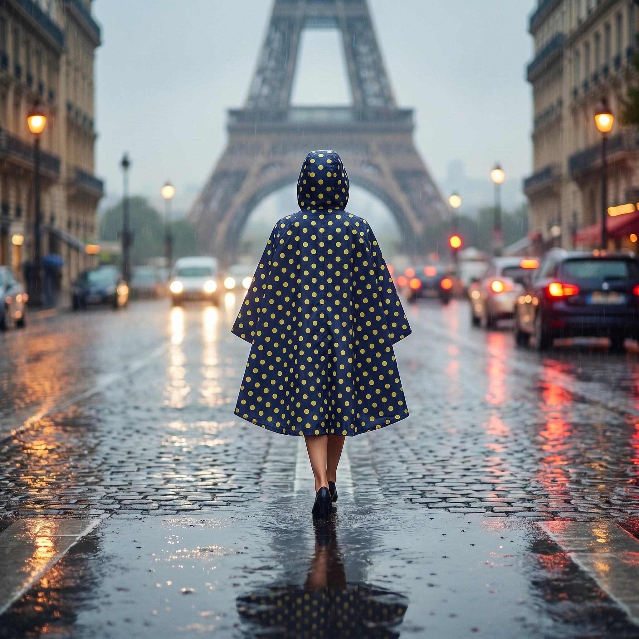 Poncho de pluie à capuche motif Pois jaunes, porté de dos par une personne marchant sur une rue pavée mouillée.