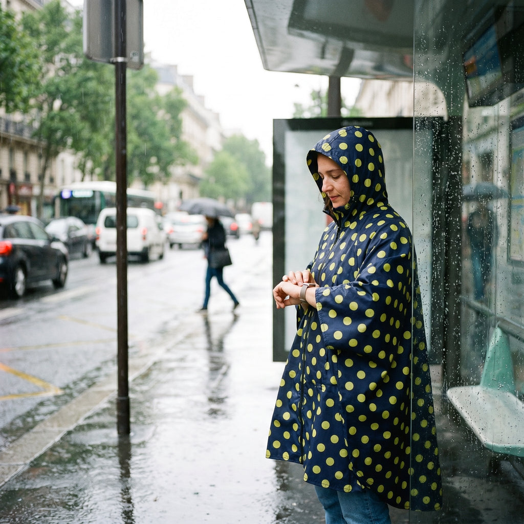 Poncho de pluie à capuche motif Pois jaunes, porté par une femme vérifiant sa montre à un arrêt de bus.