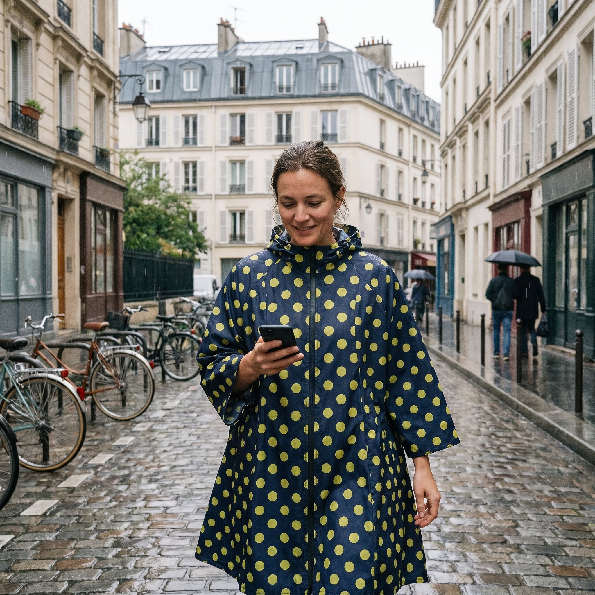 Poncho de pluie à capuche motif Pois jaunes, porté par une femme marchant dans une rue pavée et regardant son téléphone.