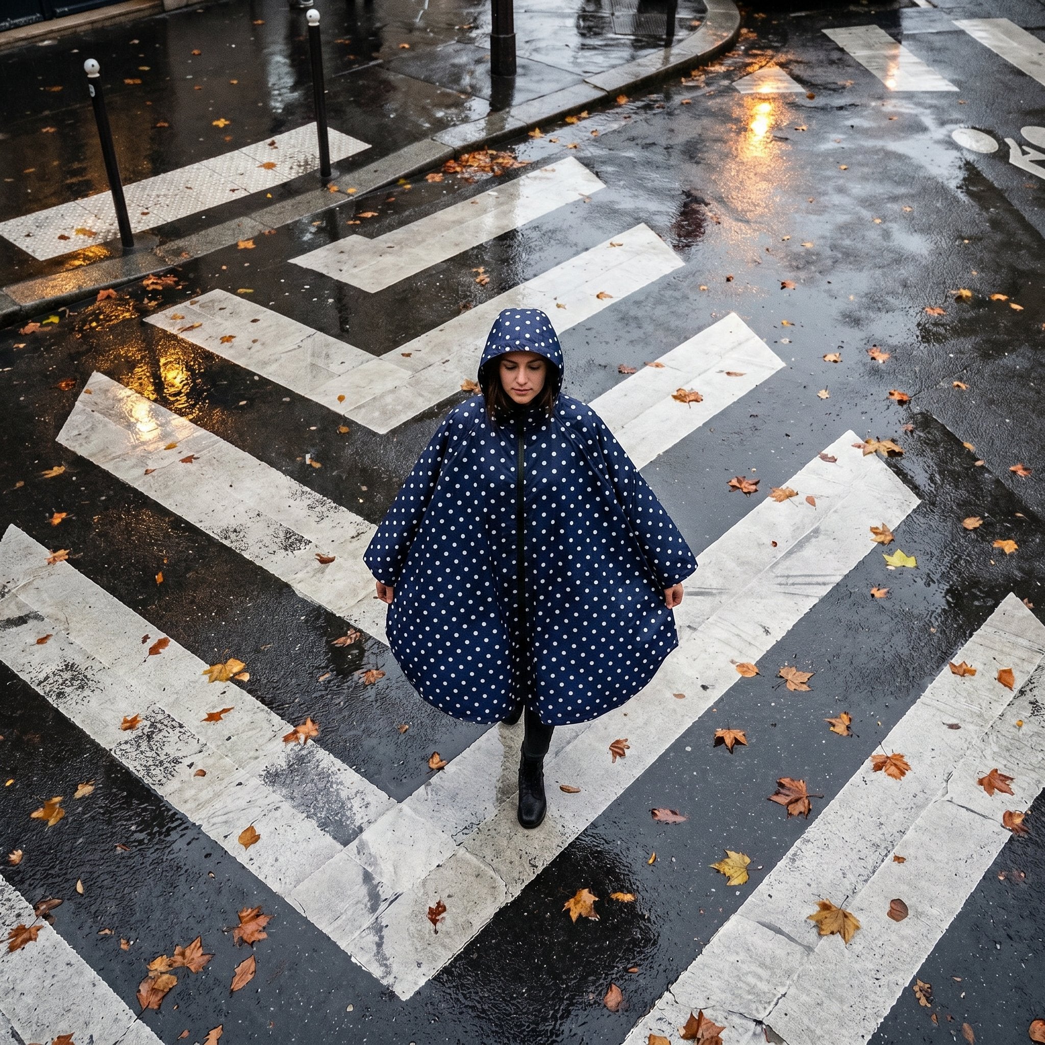 Poncho de pluie à capuche motif Pois marine, porté par une femme vue de haut sur un passage piéton mouillé.