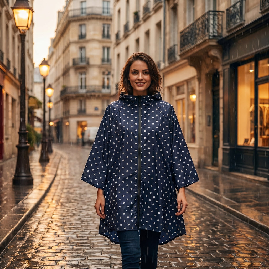 Poncho de pluie à capuche motif Pois marine, porté par une femme souriante marchant de face dans une rue pavée.