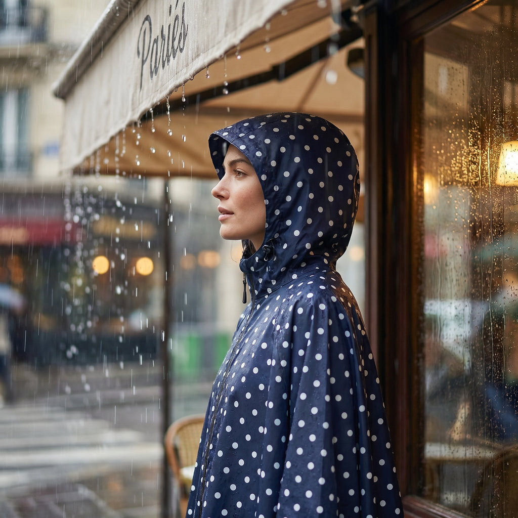 Poncho de pluie à capuche motif Pois marine, porté par une femme de profil sous une marquise, la capuche relevée.