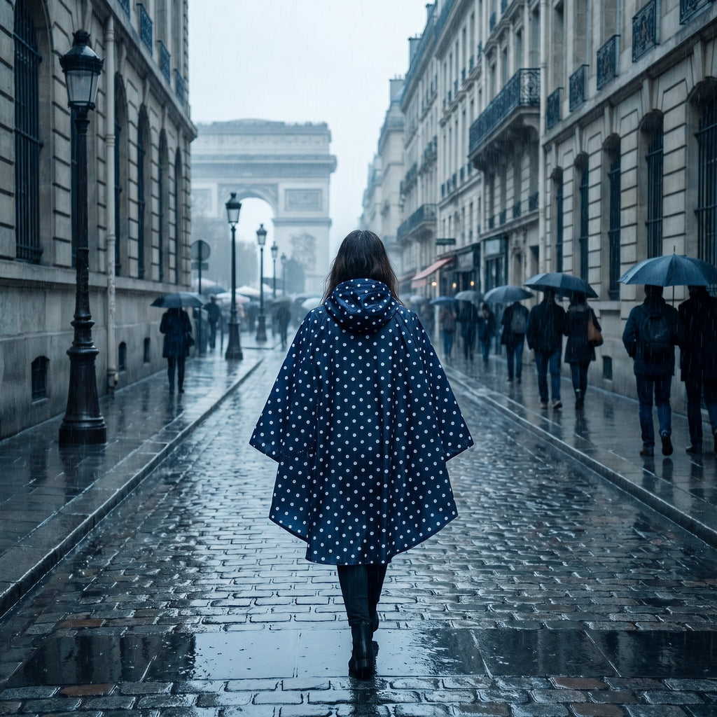 Poncho de pluie à capuche motif Pois marine, porté par une femme vue de dos s'éloignant sur une rue mouillée.