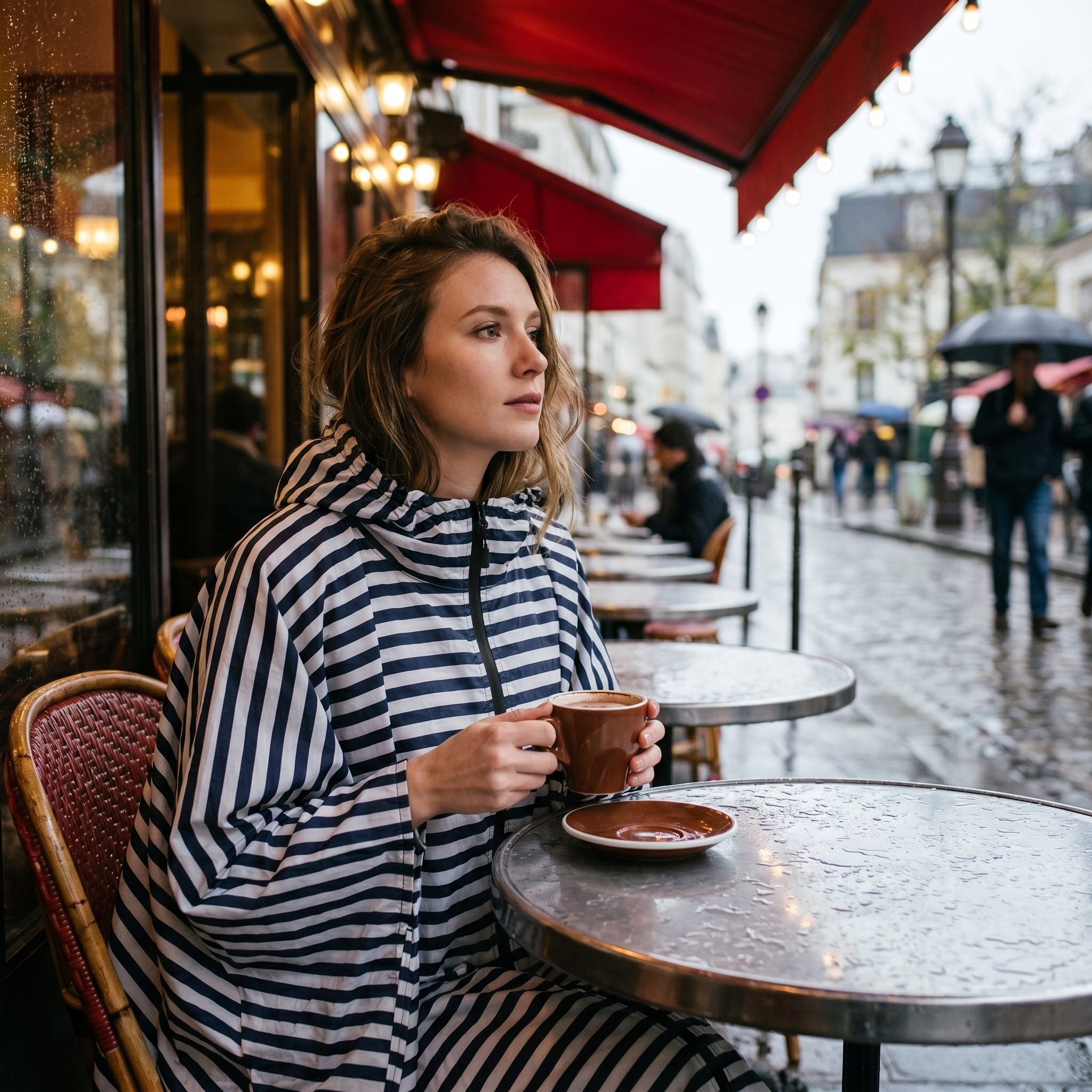 Poncho de pluie à capuche rayures marines, porté par une femme assise à une table de café en terrasse sous la pluie.