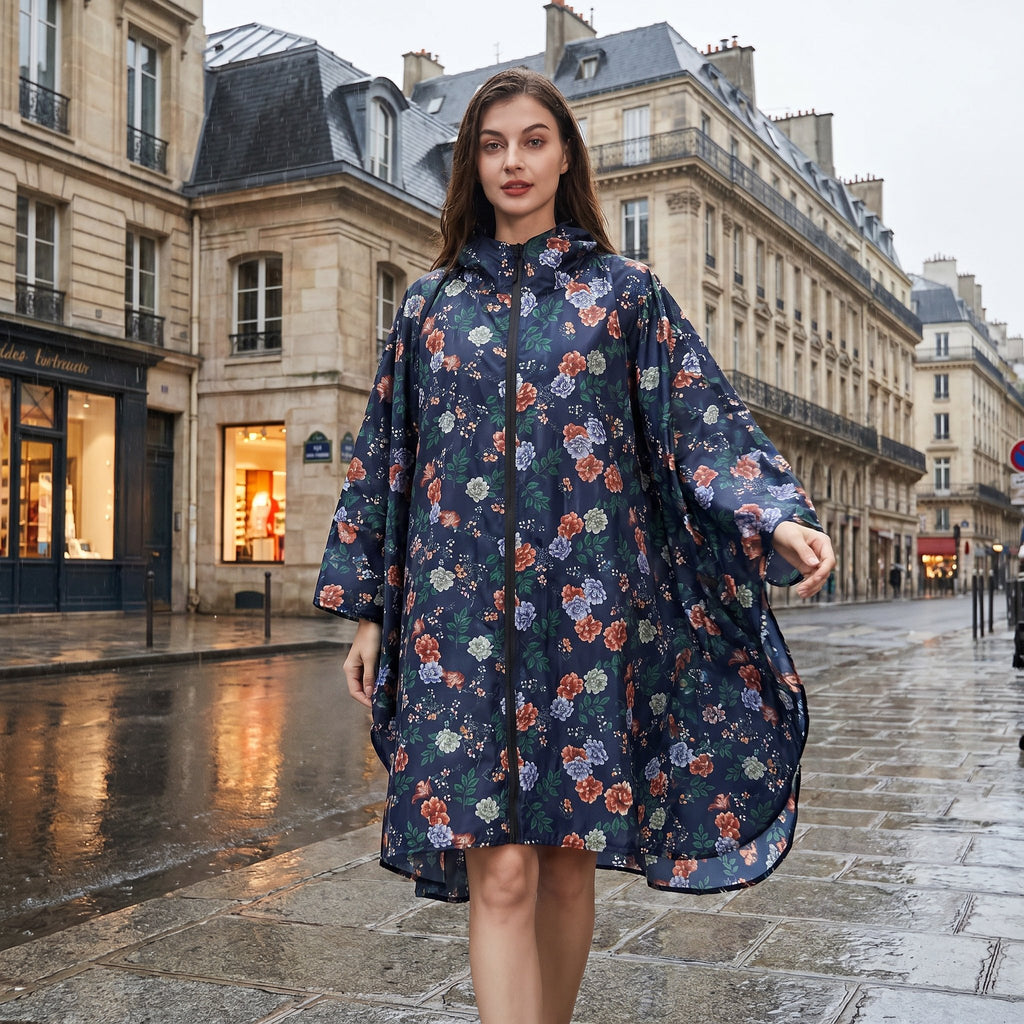 Poncho de pluie à capuche motif roses marine, porté par une femme marchant dans une rue mouillée.