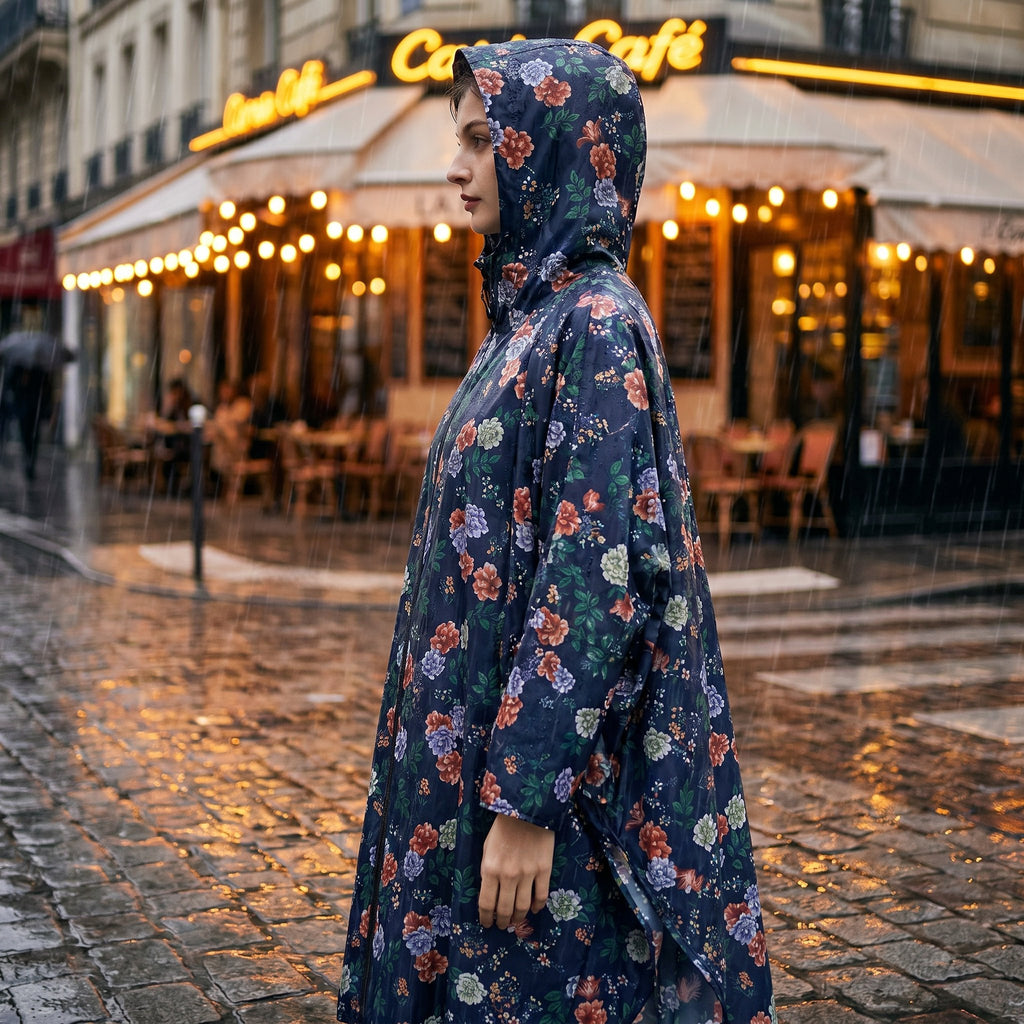 Poncho de pluie à capuche motif roses marine, porté par une femme de profil, capuche relevée.