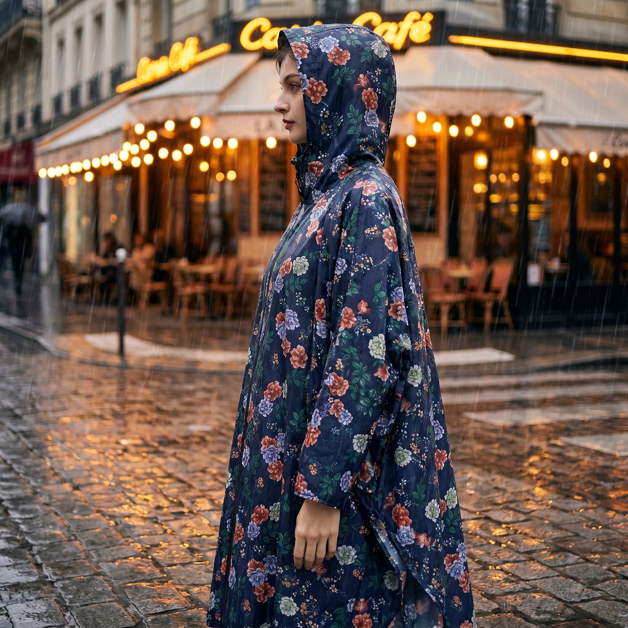 Poncho de pluie à capuche motif roses marine, porté par une femme de profil, capuche relevée.