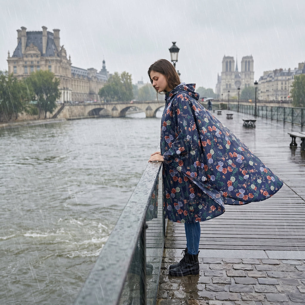Poncho de pluie à capuche motif roses marine, porté par une femme sur un pont, regardant le fleuve.