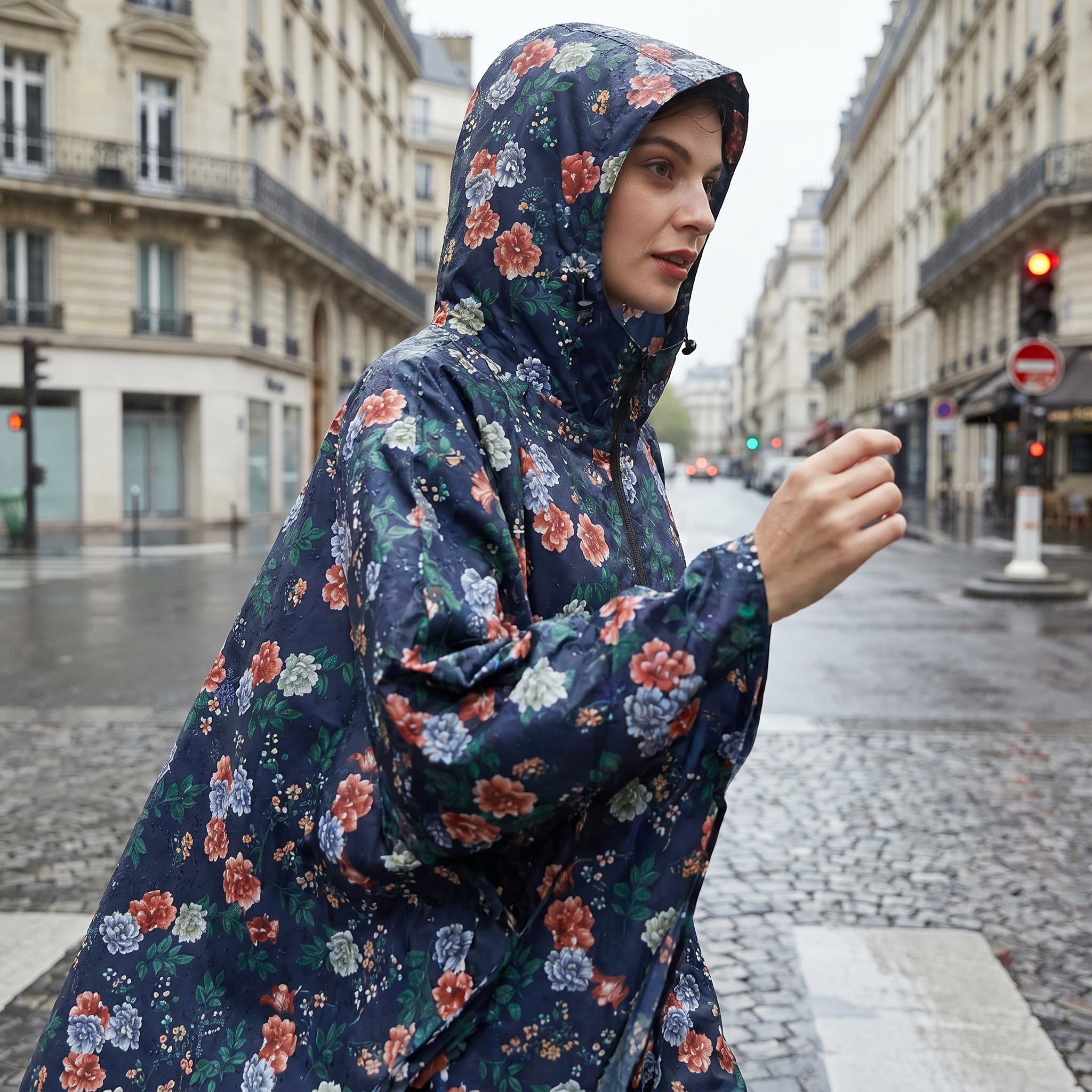 Poncho de pluie à capuche motif roses marine, porté par une femme en gros plan, capuche sur la tête.