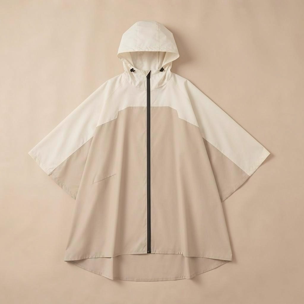 Poncho de pluie à capuche sable uni, présenté à plat sur un fond neutre, vue de face.