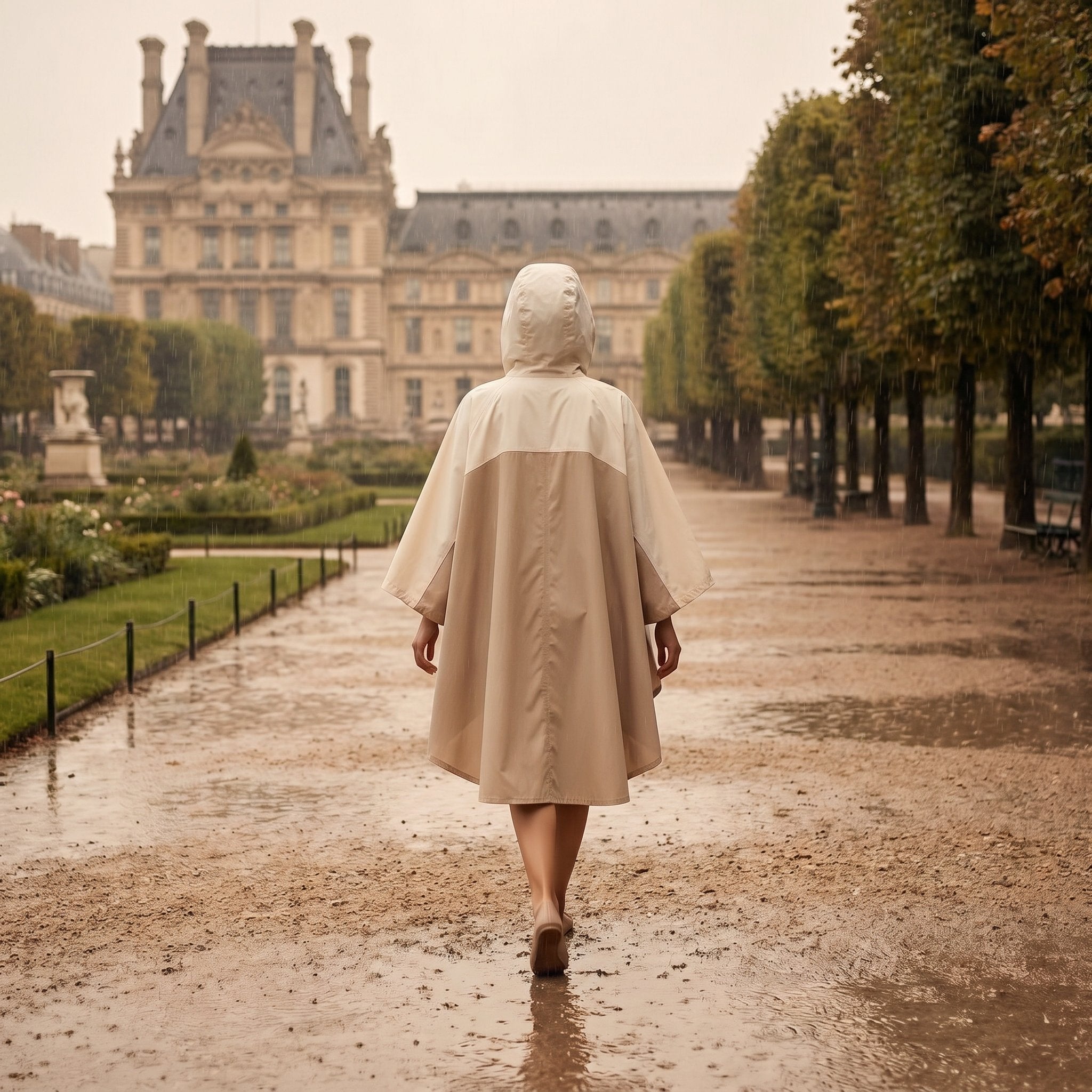 Poncho de pluie à capuche sable uni, porté par une femme vue de dos marchant dans une allée de parc.