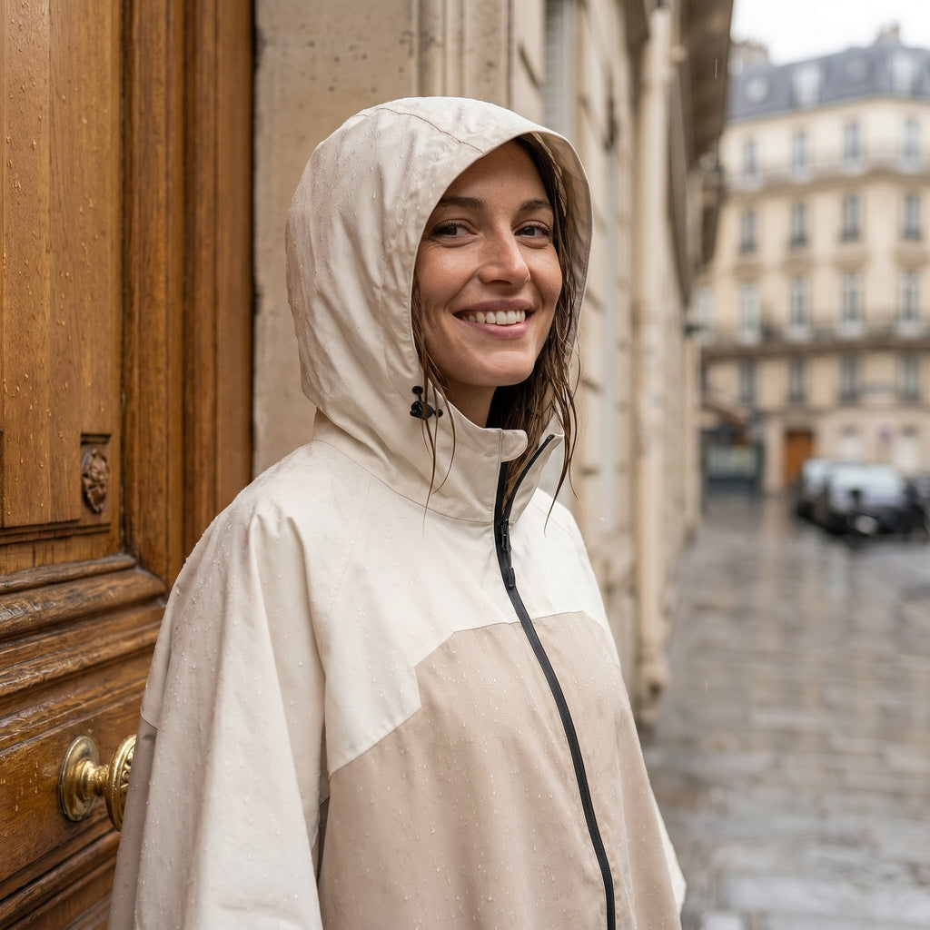 Poncho de pluie à capuche sable uni, porté par une femme souriante en gros plan avec la capuche.