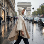 Poncho de pluie à capuche sable uni, porté par une femme traversant une rue mouillée avec un monument en arrière-plan.