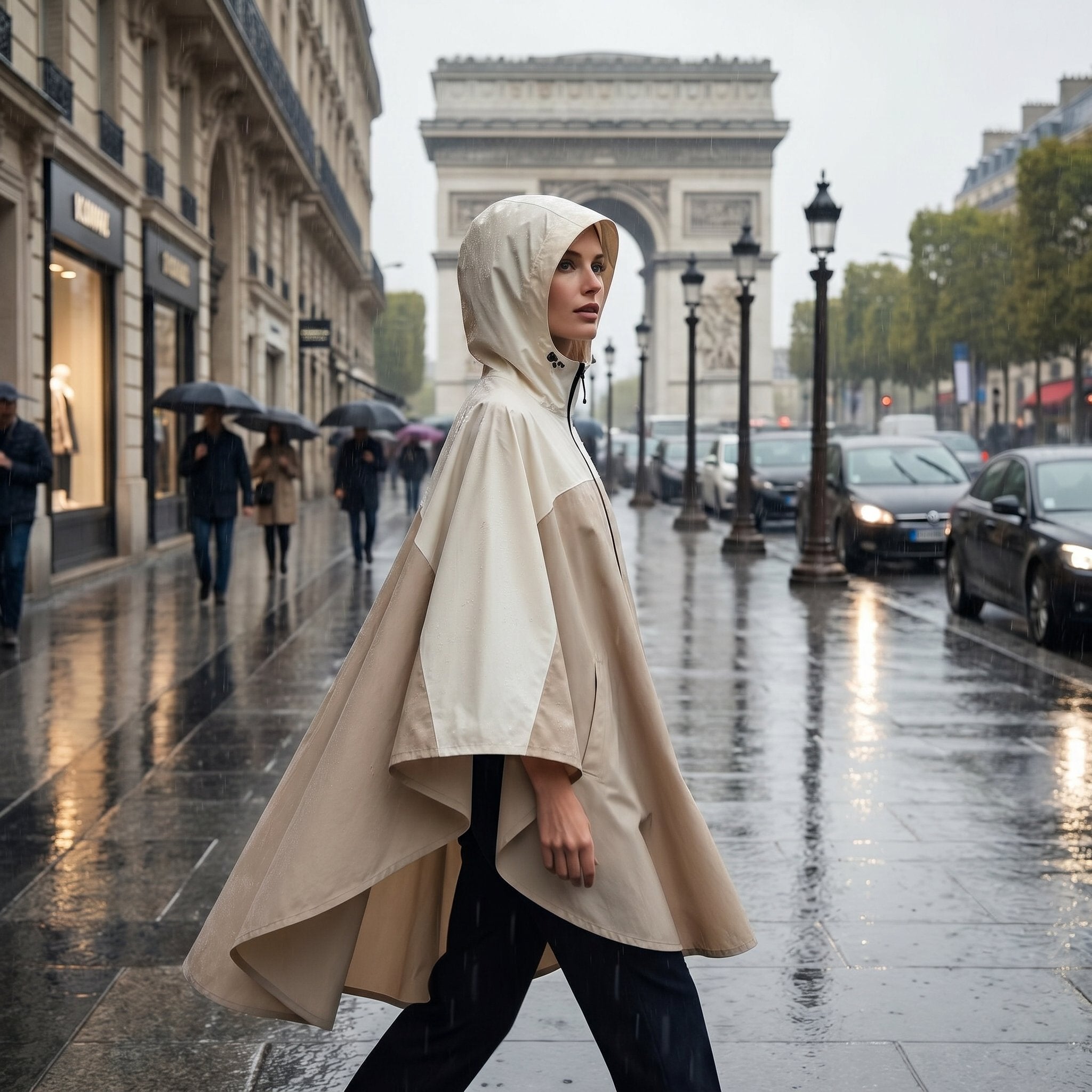 Poncho de pluie à capuche sable uni, porté par une femme traversant une rue mouillée avec un monument en arrière-plan.
