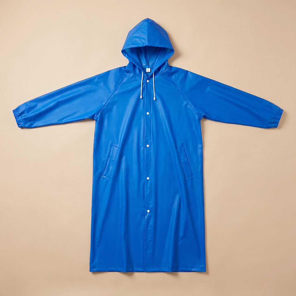 Poncho de pluie long bleu roi, présenté à plat sur un fond uni, vue de face.