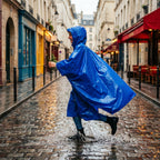 Poncho de pluie long bleu roi porté par une personne courant et éclaboussant une flaque.